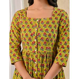 Vestido de algodón estampado a mano Green Butta, informal, de verano, ODM, con cuello cuadrado y cintura imperio, talla XS, transpirable y sexy - Product Image 2