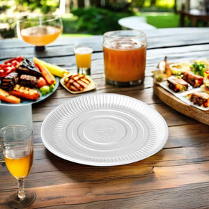 Assiettes de présentation blanches en plastique jetables de 12 pouces en gros Assiettes rondes en PP bleues <span class=keywords><strong>et</strong></span> blanches à emporter pour les fêtes <span class=keywords><strong>et</strong></span> les dîners - Product Image 2
