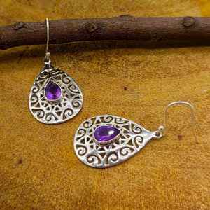 925 <b>Sterling</b> <b>Silver</b> Faceted Amethyst <b>Earrings</b> Handcrafted Bohemian Style <b>Pearl</b> Party Wear Jewelry - Product Image 2