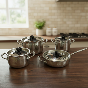 Ensemble de casseroles et poêles en acier inoxydable fait main avec couvercle en forme de citrouille antique noir, finition argent martelé - Product Image 1