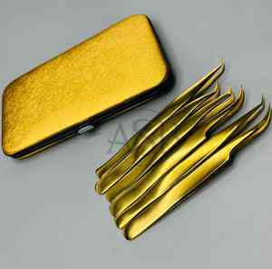 Pinzas de extensión de injerto de pestañas de acero inoxidable chapado en oro de alta calidad, pinzas de pestañas con logotipo personalizado, fibra puntiaguda probada a mano - Product Image 3