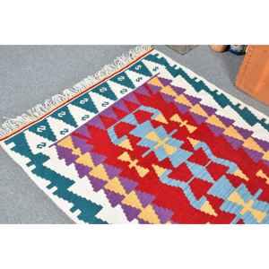 Alfombra Vintage, Alfombra Turca Decorativa de 3.3x6.1 pies, Alfombra Kilim con Diseño Floral Rojo y Azul - Product Image 5