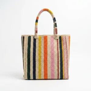 Sac fourre-tout portable en coton rayé au crochet, motif bonbons, style bohème, printemps-été, sac à main de plage pour femme, ouverture supérieure - Product Image 2