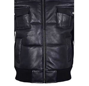 Personalizar los hombres de cuero Puffer chaqueta bomber chaqueta de cuero estilo en piel de oveja real Negro puffer chaqueta de cuero - Product Image 3