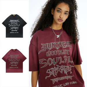 Épaule tombante personnalisée Vintage graphique vieilli coupe et coudre des patchs de broderie 100% coton imprimé coupe ample T-Shirt pour hommes - Product Image 1