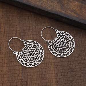 Sri Yantra Geometric <b>Solid</b> <b>Silver</b> Hoop Earring 925 Sterling <b>Silver</b> Bohemian Indian Wholesale Jewelry For Women - Product Image 4