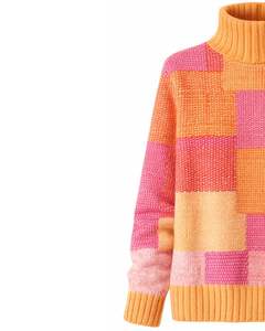 Customized Premium Women Turtleneck Patchwork Knit Sweater Soft Warm Winter Pullover Casual Fashion <b>Top</b> <b>Orange</b> <b>Pink</b> Multicolor - Product Image 3