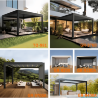 Pergola solaire bioclimatique imperméable avec toit à lames orientables motorisé, panneau solaire intégré