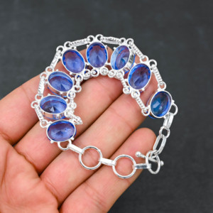 Pulsera de estilo de cadena de piedras preciosas de iolita azul creada en laboratorio, joyería de diseñador chapada en plata 925 hecha a mano, regalo de 7 a 8 pulgadas para mujer - Product Image 3