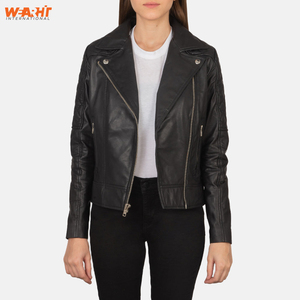 Chaqueta de motorista de cuero genuino para mujer con estilo, cremallera asimétrica, cuello alto ajustado, cierre de cremallera transpirable, prendas de vestir exteriores negras - Product Image 2