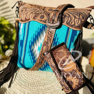 Nouvelle mode couverture de selle en cuir usiné à la main sac à main à pompons portefeuille floral en cuir sculpté à la main élégant ensemble combiné pour femmes - Product Image 1