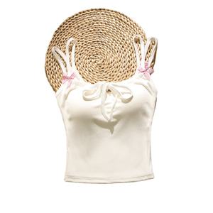 French Chic Sweet Style Bow Double Shoulder Strap Knitted Cotton Spandex Front Logo Regular Length <b>Tank</b> <b>Tops</b> <b>Women's</b> Outerwear - Product Image 2