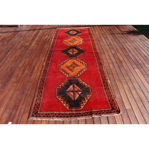 4x11.4 ft Turkish Vintage Rug, <b>Runner</b> Rug, <b>Red</b> Check Rug - Product Image 1