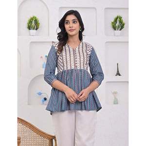 เสื้อเชิ้ตผ้าฝ้ายทอลายพิมพ์ลายสีกรมท่า ความยาวสั้น ตกแต่งด้วยกระดุม - Product Image 1