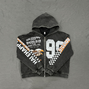 Custom Vintage Acid Wash Zip Up Diseño de impresión Oversized Boxy Fit Hoodie Streetwear Style OEM Services Fabricante mayorista - Product Image 4