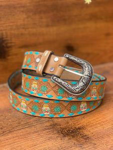 เข็มขัดหนังแท้เข็มขัดหนังลายดอกไม้แบบตะวันตกทำมือเข็มขัดหนังแท้สำหรับทุกเพศ - Product Image 4