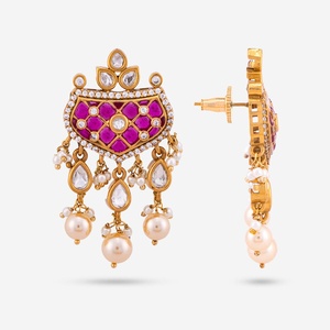 Kundan 185449 Bridal Jewelry Set Gold Plated Zinc Alloy <b>Necklace</b> Zircon Green <b>Ruby</b> Flower Shape Bezel Setting Fine Jewelry - Product Image 5