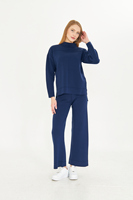 Conjunto de Dos Piezas de Punto Azul Marino para Mujer, Venta al Por Mayor del Fabricante, Suéter de Cuello Alto de Corte Holgado, Pantalones de Pierna Ancha con Cintura Elástica