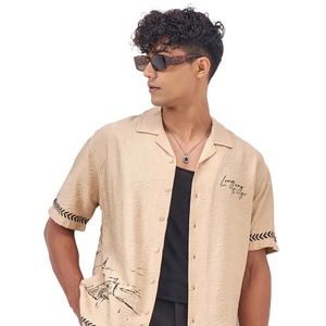 Men's Beige Short Sleeve Casual Shirt Hand Drawn Castle Print Turn-Down Collar 100% Cotton Poplin Summer Wear - Product Image 3
