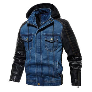 Chaqueta de tendencia superior para hombres, venta al por mayor personalizada, cuerpo de mezclilla, Mangas de cuero real, chaquetas de motorista con capucha Bomber con marca personalizada - Product Image 2