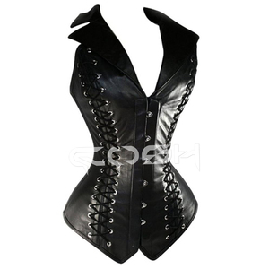 Top de corset gothique en cuir noir véritable avec col haut et lacets sur les côtés - Product Image 2