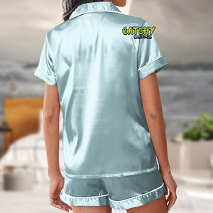 Ensembles de pyjama en satin de soie pour femmes avec logo personnalisé Tenue de nuit boutonnée à manches courtes et souple Tenue de détente décontractée pour femmes - Product Image 4