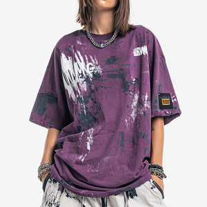 T-shirt oversize pour femme, imprimé graffiti, violet, col rond, épaules tombantes, manches courtes, coton, streetwear délavé, hip-hop - Product Image 3