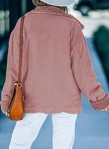 Veste Sherpa en velours côtelé pour femme avec fermeture à glissière bouton respirant col en fourrure polaire manteau chaud d'hiver motif solide Logo avant - Product Image 4