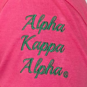 AKA scudo ciniglia t-shirt rosa con stemma verde e oro lettere ricamate abito di confraternita in cotone collegiata greco vita Top - Product Image 6