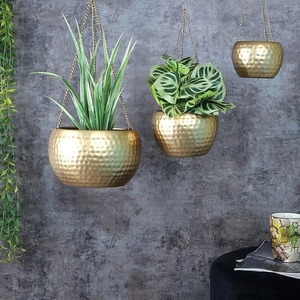 Elegant Gold Metal <b>Hanging</b> <b>Planter</b> With Hammered Finish For Contemporary <b>Indoor</b> Plant Display And Decorative Home Styling - Product Image 3