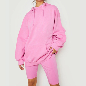 ชุดเสื้อฮู้ดกางเกงขาสั้นมีฮู้ดสีทึบสำหรับผู้หญิงผ้าฝ้าย100% โลโก้โอเวอร์ไซส์ไซส์ไซส์ใหญ่ปกติขนาด XXS แบบลำลอง - Product Image 6