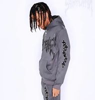Puff Print Custom Logo Flare Sweatsuit Chándal 100 Algodón Raw Hem Hooded Flared Sweatsuit Pantalones Hombre Sweatsuit