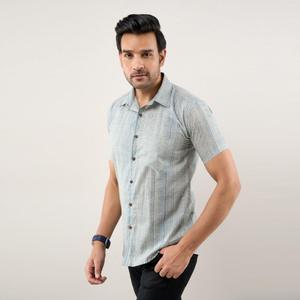 Chemise décontractée bleu grisâtre pour homme, col mandarin, 100 % coton, tissu popeline respirant, coupe classique, pour le bureau, saison estivale - Product Image 3