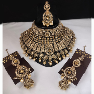 Conjunto de collar de Gargantilla chapado en oro de primera calidad con cristales austriacos brillantes, joyería nupcial festiva y tradicional para mujer - Product Image 1