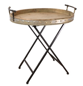 Metal <b>Round</b> Metal Wood Side <b>Table</b> Accent Black Metal Tray <b>Table</b> Stand Foldable Adjustable End Side <b>Table</b> Classic Design - Product Image 1