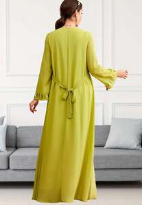 Nuevo vestido islámico elegante y digno para mujer con cuentas bordadas impresas Abaya verde claro vestido estampado con cuello levantado - Product Image 4