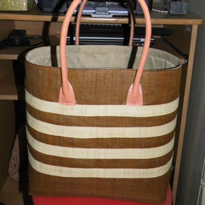 Madagascar Colored Leather Handles Drawstring Closure Striped Sisal <b>Raffia</b> Tote Handbag with Pompoms and Pocket Large Size - Product Image 2