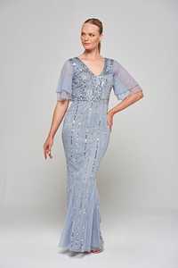 ชุดเดรสปาร์ตี้ราตรียาวแบบสุภาพเรียบร้อยสำหรับผู้หญิงชุดเดรสยาวถึงพื้นแขนยาวครึ่งแขนประดับด้วยลูกปัดเสื้อท่อนบนคอวีปักลายธรรมชาติทรงเอ - Product Image 5