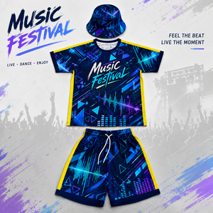 เสื้อยืด กางเกงขาสั้น หมวกบักเก็ต พิมพ์ลายเทศกาลดนตรีแบบซับลิเมชั่นทั้งตัว ชุดลำลอง 3 ชิ้น สำหรับแฟนคลับ - Product Image 1
