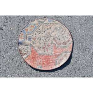 <b>Vintage</b> Turkish <b>Rug</b> Large Area 1.9 X 1.9ft Classic Beige Red Abstract Pattern Wool Material 10mm Latex for Hallway Room - Product Image 3