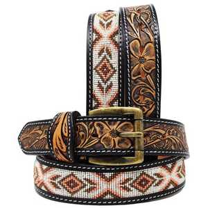 100% American Cow Hide Designer Western Beaded <b>Belt</b> with Hand Tooled <b>Work</b> for Men & Women Western <b>Belt</b> - Product Image 2