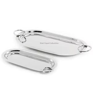 Bandeja para servir alimentos de mesa de Metal de forma ovalada con asa Bandeja para servir alimentos y bebidas de restaurante chapada en plata - Product Image 1