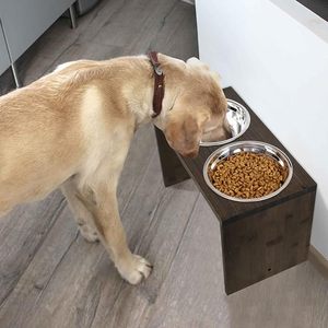 Vente en gros de mangeoire durable pour animaux de compagnie bol pour chien en acier inoxydable avec double support de nourriture et d'eau en bois d'acacia à bas prix - Product Image 4
