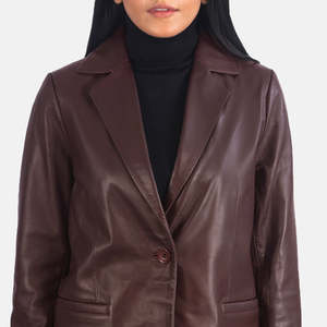 Norma Maroon Leather <b>Blazer</b> with Single Button Closure Knitted and Woven Weaving Embroidery and Print Decoration - Product Image 6
