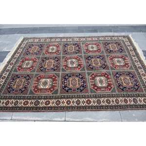 พรมขนแกะสีน้ำเงินสีแดงคลาสสิกขนาด5.1x7.2ฟุตงานแฮนด์เมดทรงสี่เหลี่ยมผืนผ้าพื้นที่ขนาดใหญ่ของตุรกีงานเย็บปะติดโถงทางเดินน้ำยาง10มม. - Product Image 4