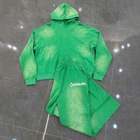 Ensemble de survêtement vintage délavé pour homme, deux pièces, sweat à capuche et pantalon de survêtement ornés de strass, vert, style streetwear athleisure, vente en gros, usine