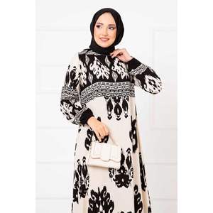 Motif Patterned <b>Viscose</b> <b>Hijab</b> Dress Ecru in Long Arm Length - Product Image 4