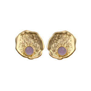 Calcédoine verte plaqué or texturé conception lunette ensemble boucles d'oreilles pierre précieuse forme ronde à la mode mat plaqué or boucles d'oreilles - Product Image 5