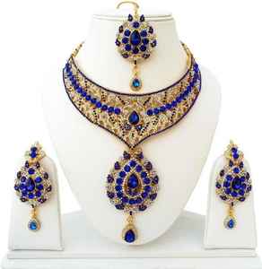 Parure de bijoux de mariée en alliage de zinc, style ethnique bohème vintage, plaqué or, avec collier de perles et boucles d'oreilles clous, ornée de cristaux, pour fêtes - Product Image 3