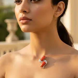 Bague en argent plaqué or rose et or avec pierre précieuse corail, bijoux en acier inoxydable tendance pour femmes, style tendance - Product Image 1